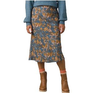 Prana Puffect Skirt Midi High Waist Skirt Blue Tan Peach Abstract Print Elastic